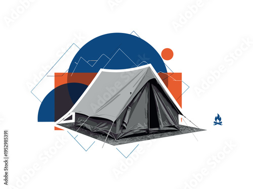 Black and white realistic camping tent pitched in nature as the main object, retro photographic texture with detailed fabric folds, white cut-out outline