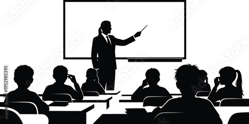 Silhouettes of a teacher is teaching on a blackboard and students are studying in class