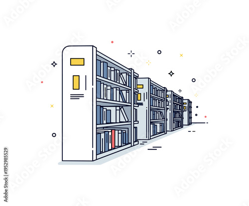 Library bookshelf aisle simplified row of tall shelves receding slightly with aligned book spines and subtle perspective lines, expressing depth, abundance of