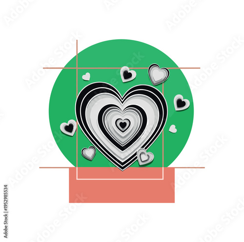 Black and white symbolic heart composed of layered paper fragments gently reassembling, oversized emerald circular halo highlighting central shape, muted coral