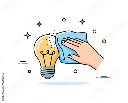 Dusting off a lightbulb centered on a simple hand gently wiping a glowing bulb with a soft cloth, expressing clarity, renewal, and fresh ideas emerging. A warm