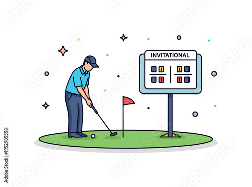 Private golf tournament scene single golfer silhouette preparing a precise putt on a quiet green with subtle scoreboard element labeled Invitational, conveying