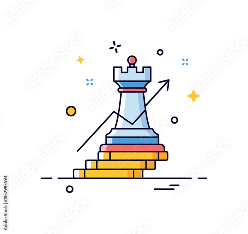 Strategic wealth planning chess piece shaped like a rook standing on a coin platform with subtle upward arrow, symbolizing foresight, calculated moves and