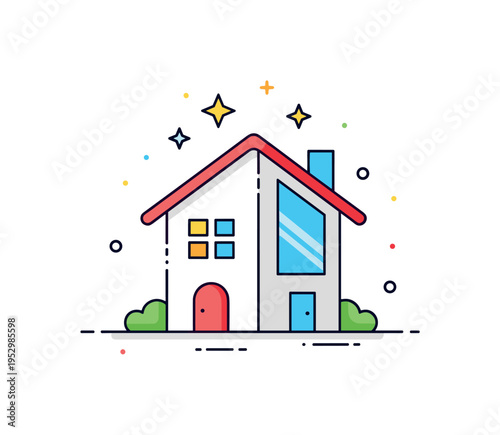 Dream house aspiration stylized modern home with subtle star accents above the roofline, conveying ambition, stability, and future planning. Minimalist flat