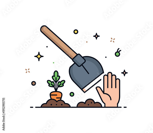 Backyard vegetable growing concept built around a hoe leaning toward a small carrot top emerging from soil, expressing hands on effort and homegrown harvest