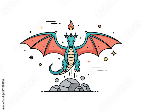 Mythical creatures majestic dragon with wide wings and small flame accent hovering above a rocky base, expressing power, legend and timeless fantasy