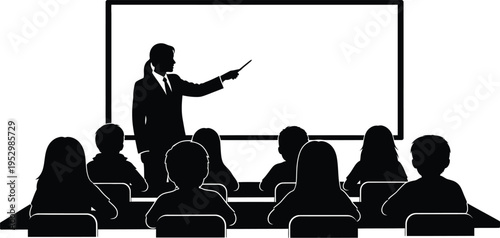 Silhouettes of a teacher is teaching on a blackboard and students are studying in class