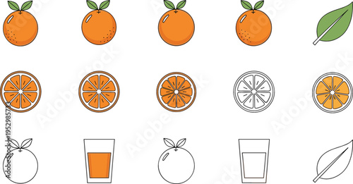 Orange Fruit Icon Set with Whole Citrus, Slices, Juice Glass and Leaves in Flat Style for Food Design, Healthy Drink Concepts and Fresh Vitamin Collection