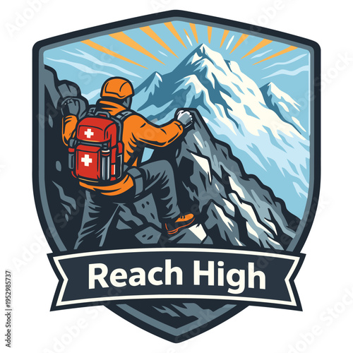 Illustration of a determined mountain climber scaling rocky peaks with first aid backpack under shining sun rays