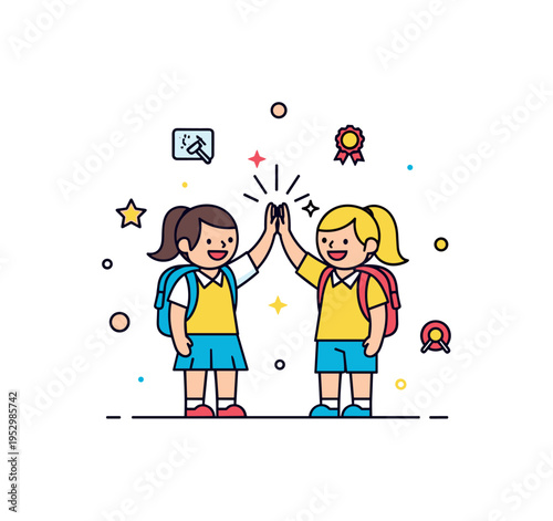 Schoolchildren friendship and teamwork shown by two kids high fiving with subtle star accents, conveying cooperation, support and shared success. The badge