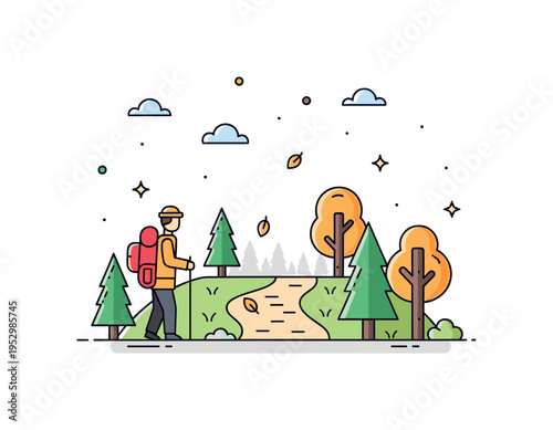 Autumn hiking trail featuring a forest path with falling leaves and simple tree silhouettes, expressing seasonal beauty and colorful national park scenery.