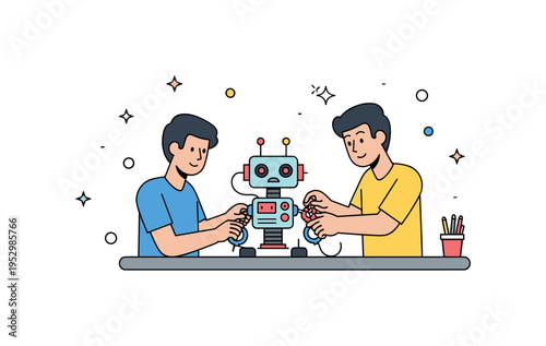 Robotics workshop activity centered on a small robot prototype on a desk with two students adjusting components, expressing technological curiosity and modern