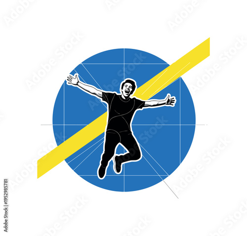 Black and white joyful figure mid-air with wide open arms and bent knees, oversized cobalt blue circle behind entire silhouette, sharp yellow diagonal bar