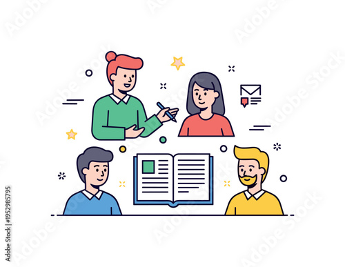 Peer tutoring session illustration featuring one student explaining material to others with an open notebook between them, symbolizing knowledge sharing and