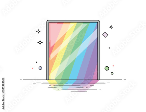 Glass surface rainbow reflection centered on a simple window pane with soft color streaks cast across it, symbolizing light interaction and modern aesthetic
