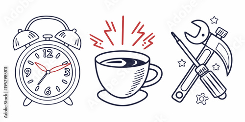 Alarm clock, coffee cup, and tools with stars hammer