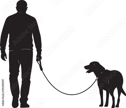 Silhouette of a man walking a dog on a leash