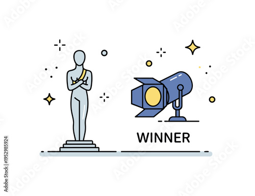 Creative industry award symbolized by a sleek statuette and a small spotlight suggesting artistic recognition and media achievement. Sparkle elements and the