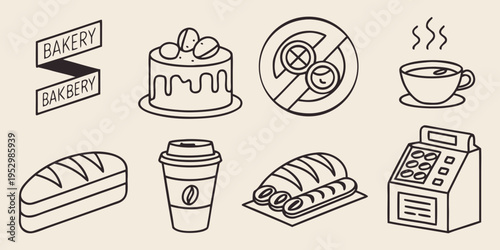 Bakery including cake coffee and bread croissant