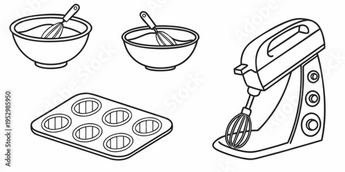 Baking equipment including mixer bowls muffin tin