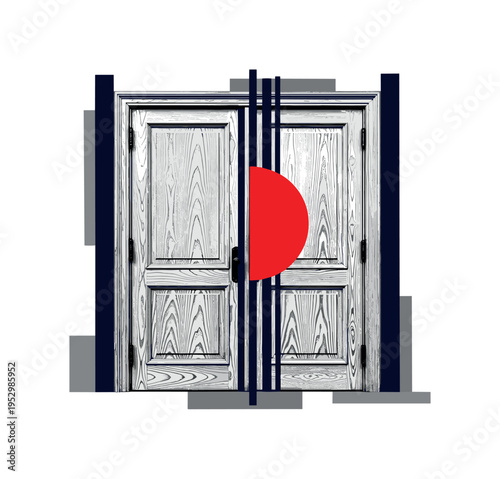 Black and white double wooden doors closed symmetrically, bold red sun-like disc partially hidden behind the seam between them, deep navy vertical lines