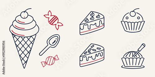 Assorted sweet treats with ice cream and candies cone cake cupcake