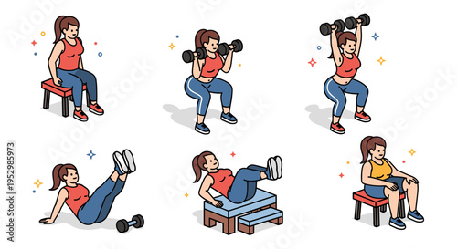 A collection of illustrated fitness poses featuring a woman exercising with dumbbells and bodyweight techniques in a modern, flat style