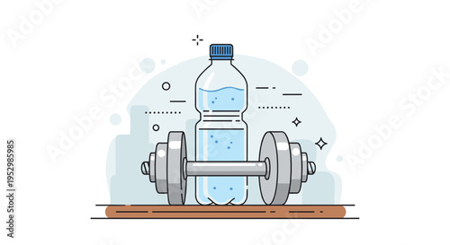 A playful illustration of a water bottle combined with a dumbbell, featuring a modern and minimalist style
