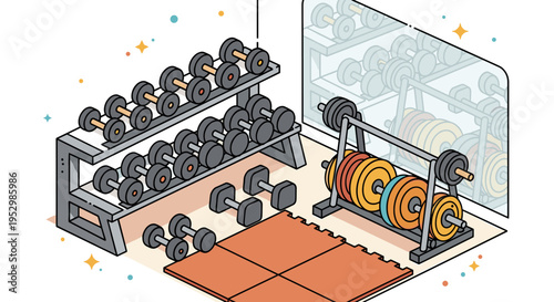 A modern gym interior featuring a variety of dumbbells and weights on racks with a mirror, illustrated in a flat style