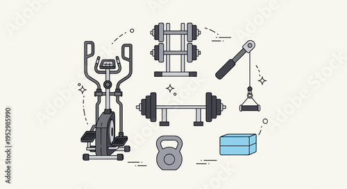 A collection of fitness equipment including weights, a kettlebell, and an elliptical machine in a minimalist style