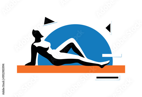 Black and white reclining figure model simplified into strong graphic silhouette, bold blue semicircle echoing body curve behind, orange rectangular bar