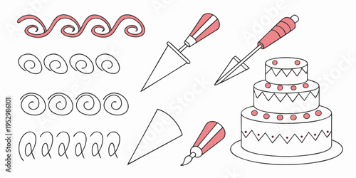 Cake decorating tools and icing swirls