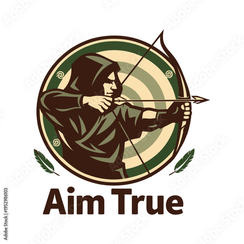 Illustration of a medieval archer in a hooded cloak aiming with a bow and arrow inside a circular target design