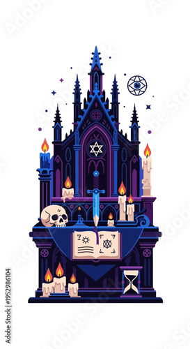 Gothic altar with candles skull and open book.