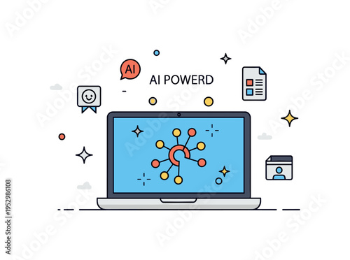 AI powered office tools concept centered on a laptop screen with a simple neural network icon and tiny sparkle accents, expressing intelligent assistance and