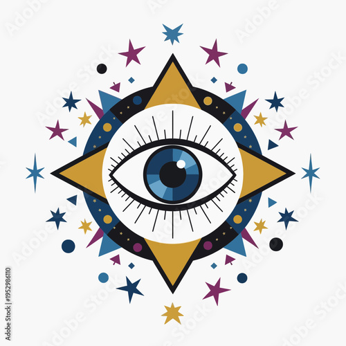 Eye symbol with stars and geometric shapes on white background.