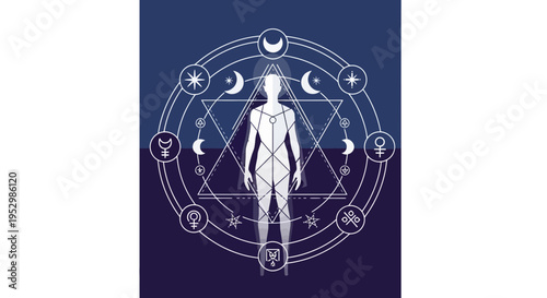 Human figure within celestial geometric mystical symbol on dark blue background