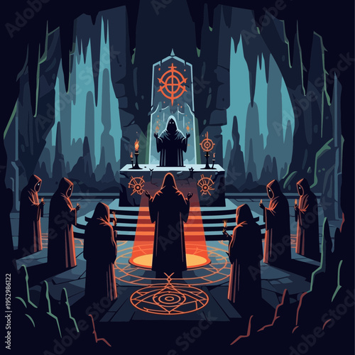 Figures in robes gather in a dark cavern around a ritualistic altar.