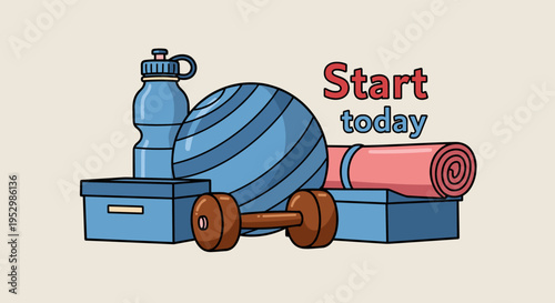 A collection of fitness equipment including a yoga mat, water bottle, and dumbbell in a modern flat style. Ideal for health and wellness themes