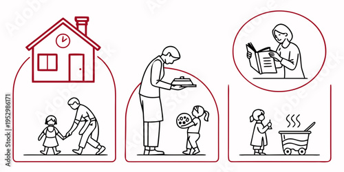 Family and household activities line house family members