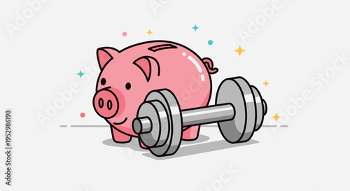 A cute piggy bank lifting a dumbbell in a minimalist style, symbolizing fitness and savings