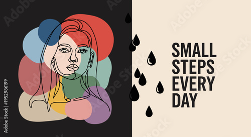 A colorful abstract portrait of a woman with a motivational quote, featuring a modern, minimalist style