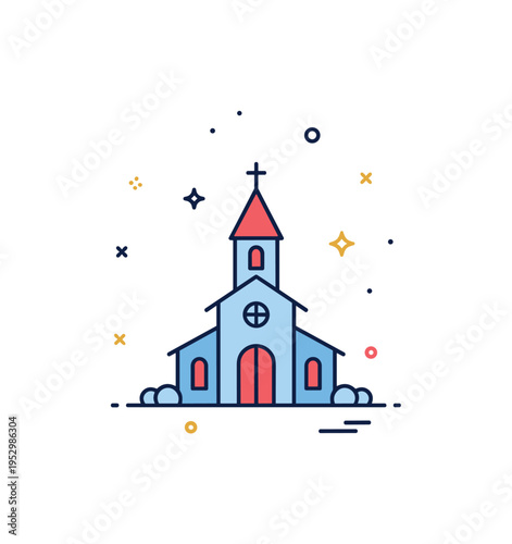 Church silhouette with steeple and small cross at the top expressing community worship and sacred space. Subtle star accents add a gentle sense of reverence