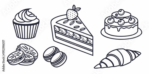 Of assorted baked goods cake cupcake macarons croissant pastry