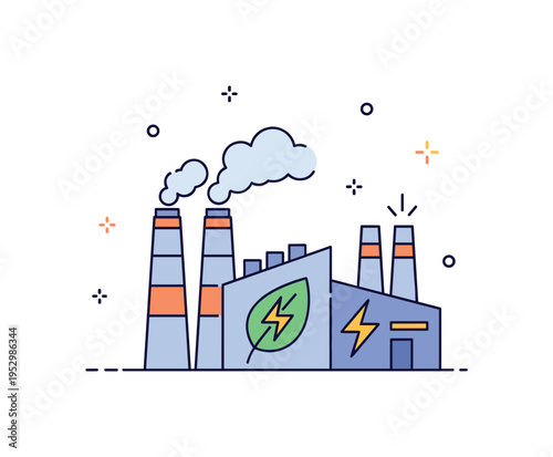 Waste to energy plant concept featuring a modern facility silhouette with a leaf and lightning bolt icon integrated into the structure, symbolizing sustainable