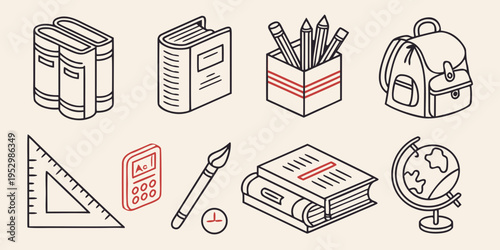 School and Education Line books backpack pencils