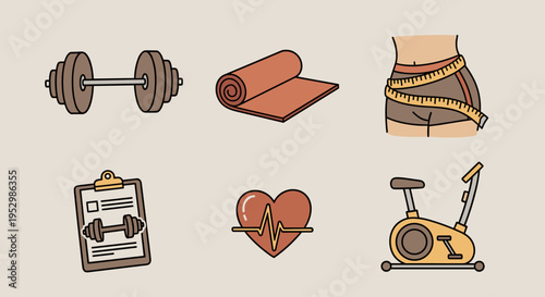 A collection of fitness icons including weights, a yoga mat, a measuring tape, and a heart symbol, in a minimalist style
