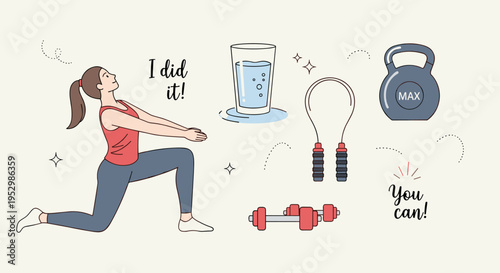 A motivational fitness illustration featuring a woman exercising, gym equipment, and encouraging phrases in a modern flat style