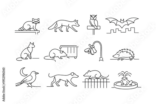 Nighttime Urban Creatures. Minimalistic set one-line drawing raccoon on rooftop, fox crossing street, owl on street sign, bat above skyline, stray