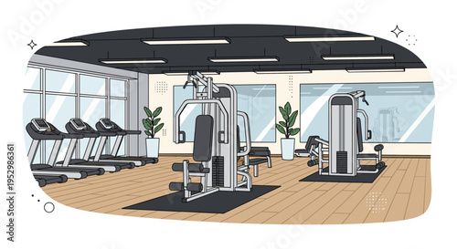 A modern gym interior featuring exercise machines and treadmills in a minimalist style